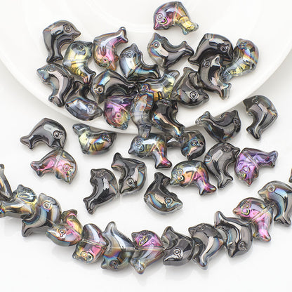 Plating 3D Dolphin Glass Beads 11x16mm Iridescent Colors 30pcs 6