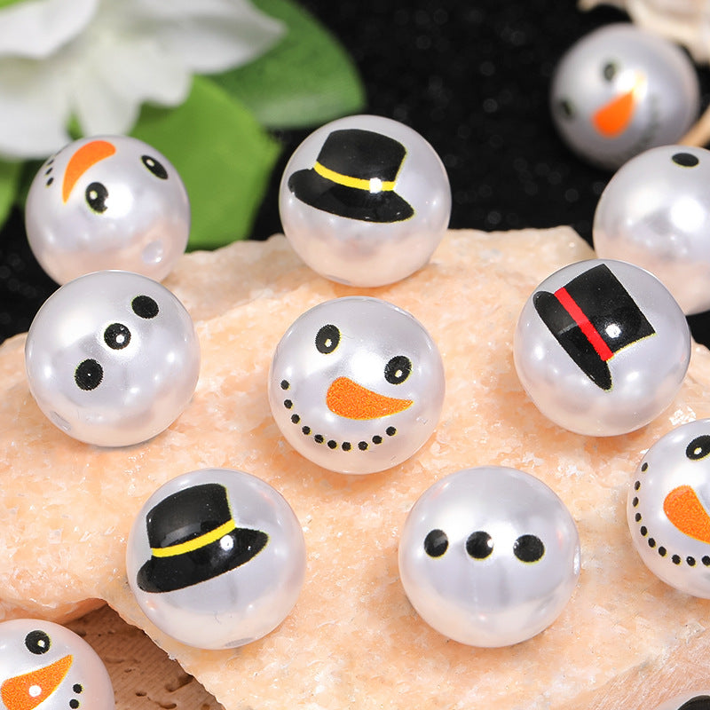 Pearl Printed Snowman Acrylic Beads 16mm Glossy ABS Plastic 50pcs