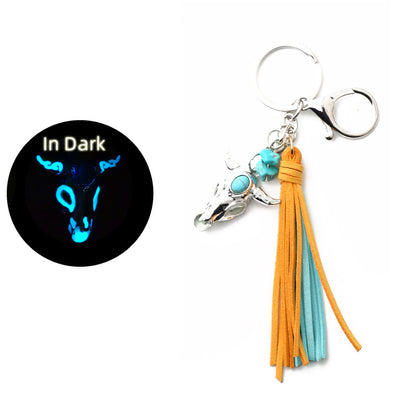 Western Glow in the Dark Ox Skull Keychain Metal Turquoise Tassel 10