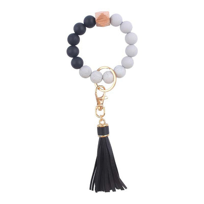 Silicone Beaded Wristlet Keychain with PU Tassel and Wood Accent 11