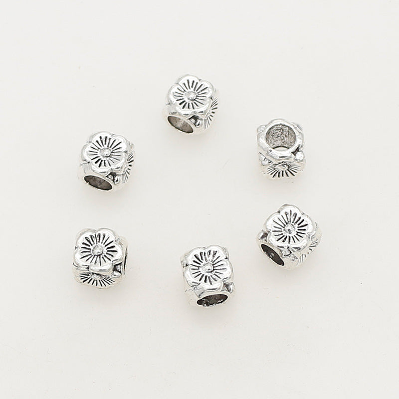 Square Metal Beads 5/8mm Tibetan Four-Sided Flower Antique Silver Tone 2