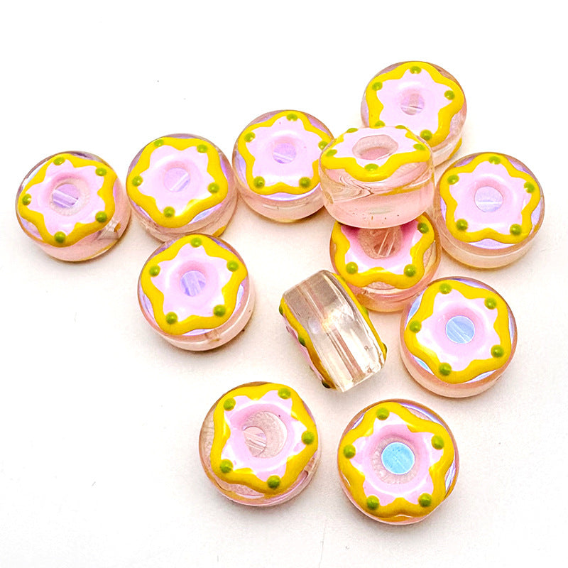 Lampwork Glass Beads Donut 15mm Hand Painted Cream Thick 10pcs 7