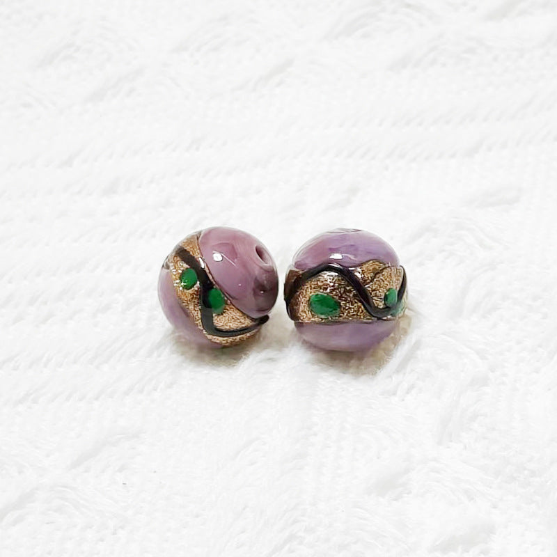 Lampwork Glass Beads Round 12mm Vintage Wavy Line Gold Foil 10pcs 3