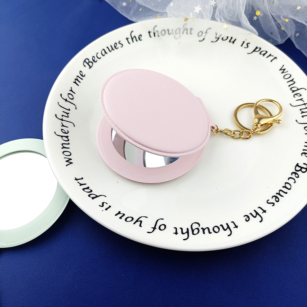 Round Mirror Keychain PU Leather Gold Clasp Small Size 21