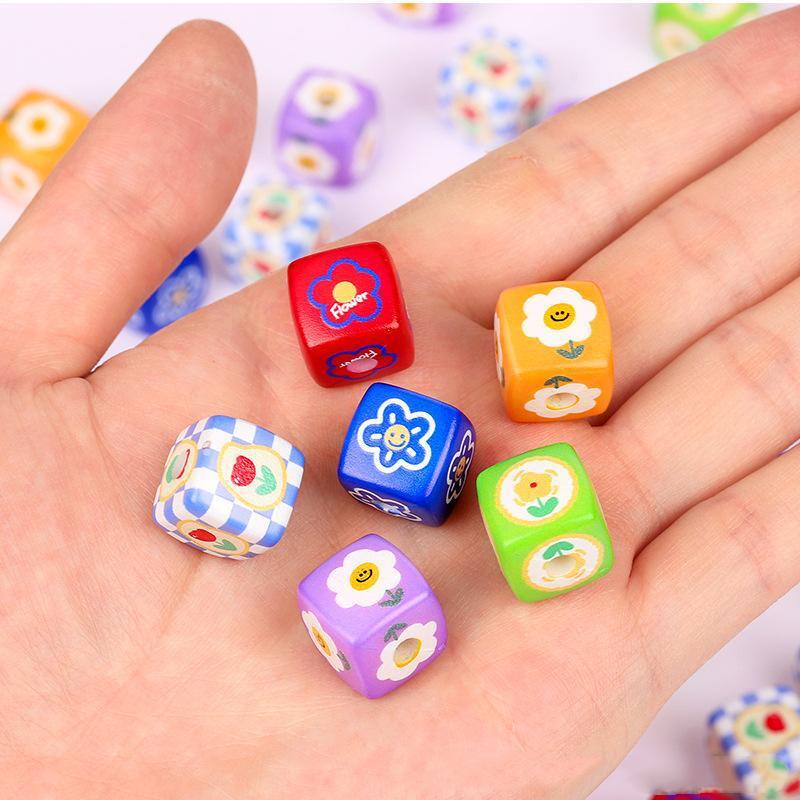 Plaid Sunflower Square Acrylic Beads 14mm Colorful Floral 10pcs 3