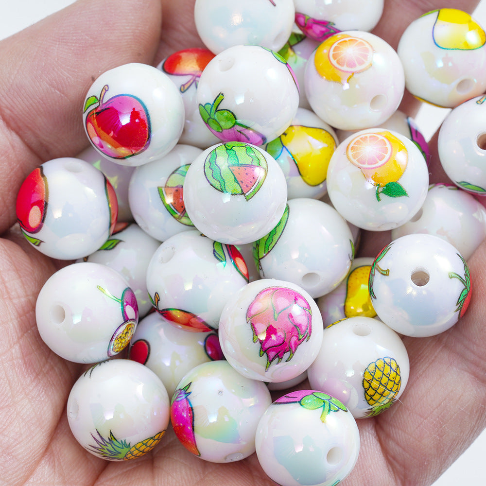 Plating Round Acrylic Beads 16mm Fresh Fruit Printed Glossy 20pcs 3