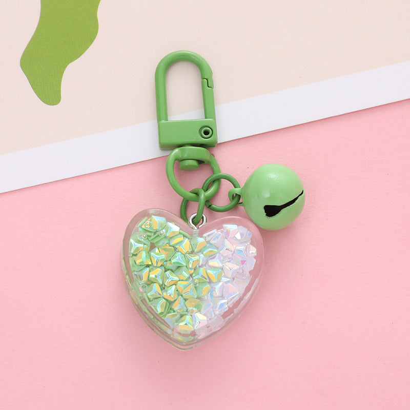 Acrylic Heart Keychain with Iridescent Flakes and Colorful Bell Charm 3