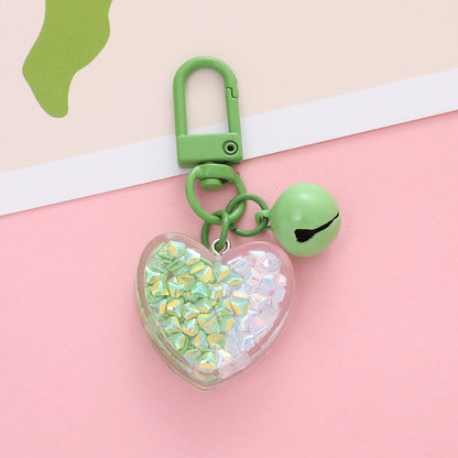 Acrylic Heart Keychain with Iridescent Flakes and Colorful Bell Charm 3