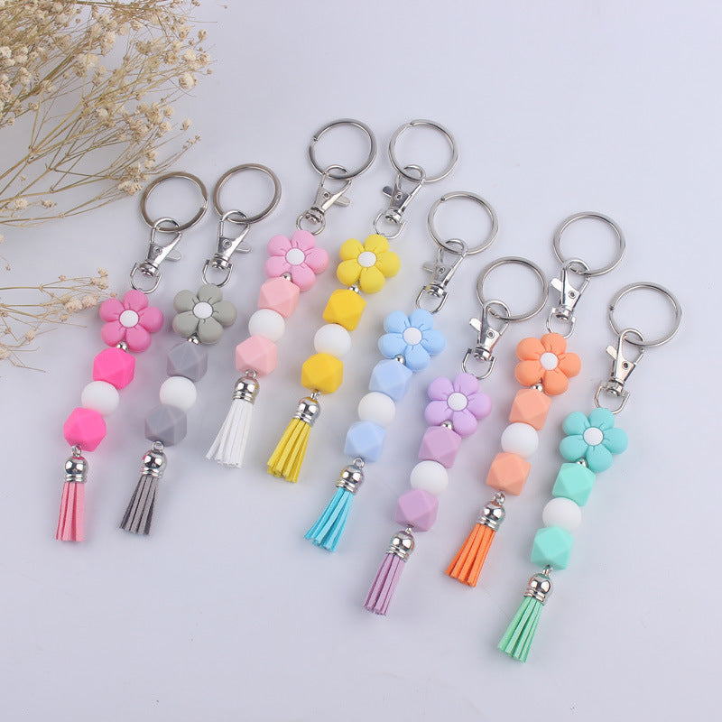 Flower Silicone Bead Keychain Colorful Floral Tassel Charm 2