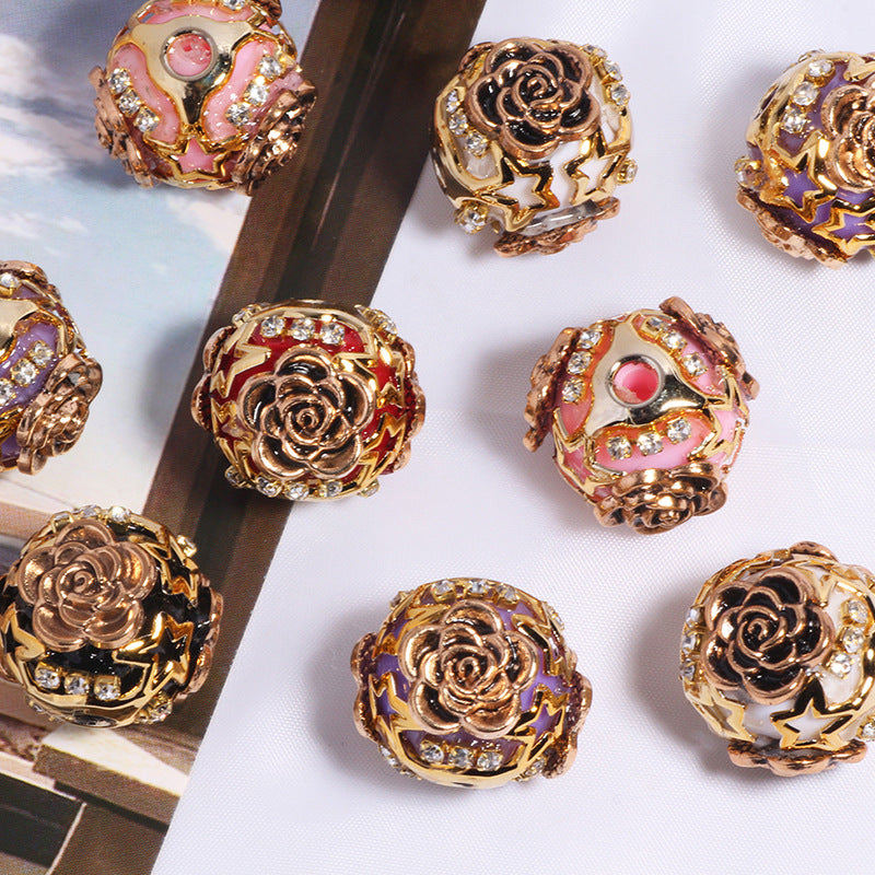 Embellished Bubblegum Beads 19mm Antique Gilded Rose Rhinestone 5pcs 4