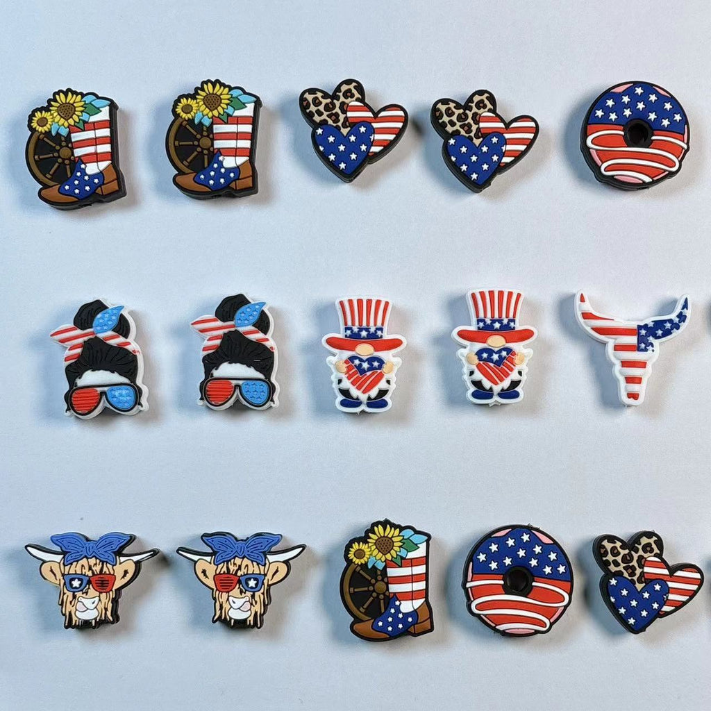Silicone Focal Beads Independent Day US Flag Cowboy Boots Hearts 20pcs