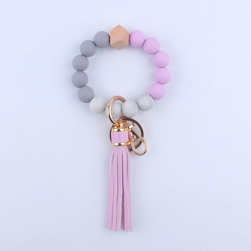 PU Leather Tassel Silicone Bead Wristlet Keychain Colorful Animal Print 10