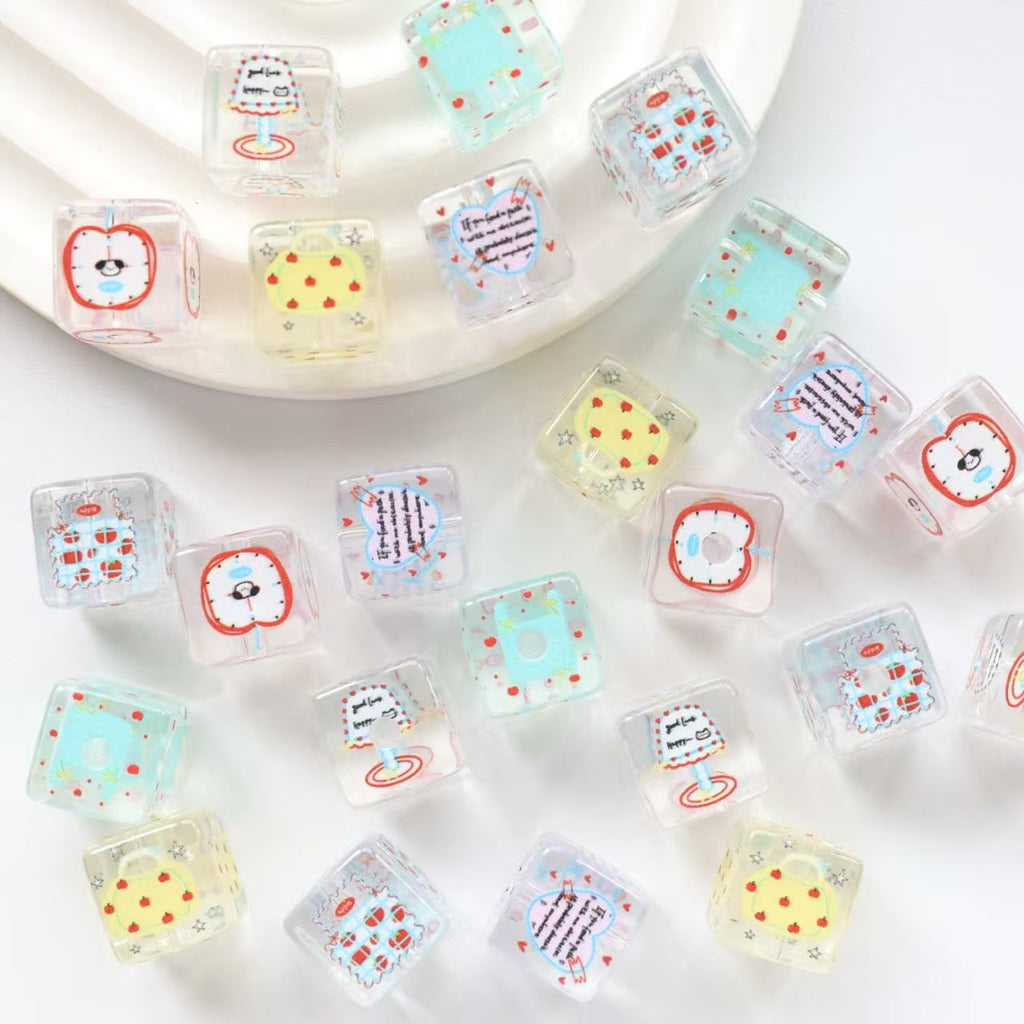 Clear Square Acrylic Beads 14mm Pastel Printed Designs 20pcs 2