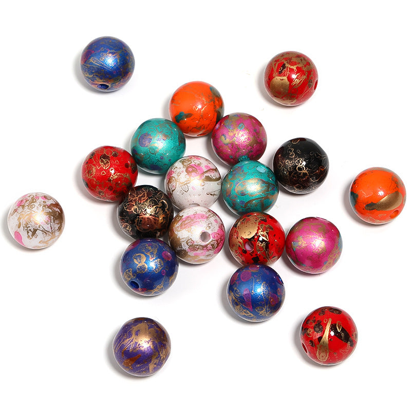 Plating Round Acrylic Beads 16mm Gilded Stamping Ethnic Style 50pcs 6