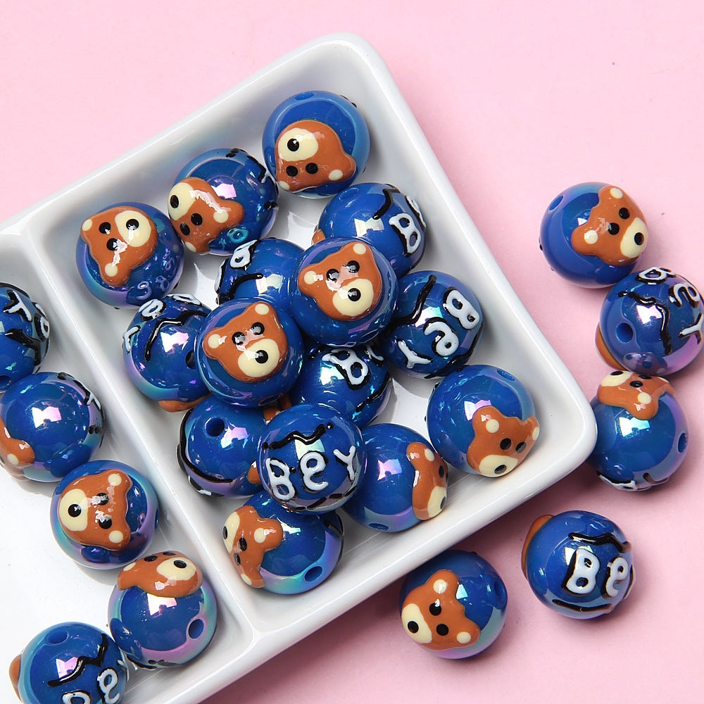 Hand Painted Bear Acrylic Beads 16mm Glossy Single Piece 6