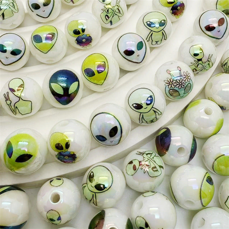Plating Round Acrylic Beads 16mm Alien Design Mixed Colors 50pcs
