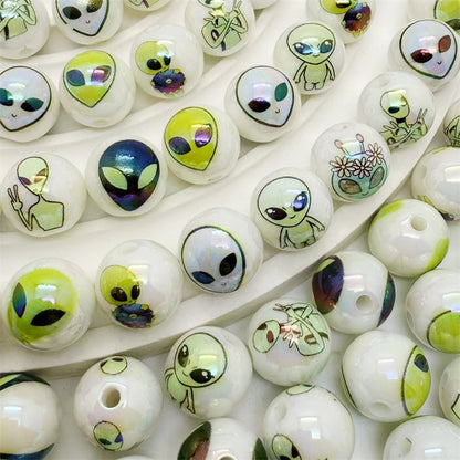Plating Round Acrylic Beads 16mm Alien Design Mixed Colors 50pcs