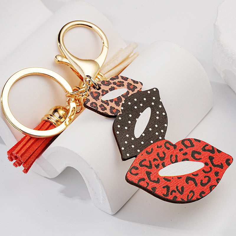 Metal Lip Keychain Vibrant Leopard Polka Dot Tassel 13cm