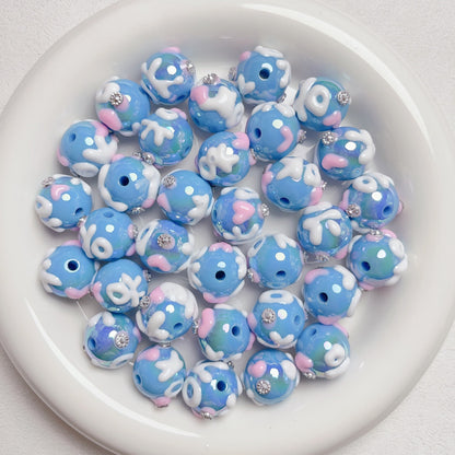 Hand Painted Rhinestone Flower Acrylic Round Beads 16mm 5pcs 19