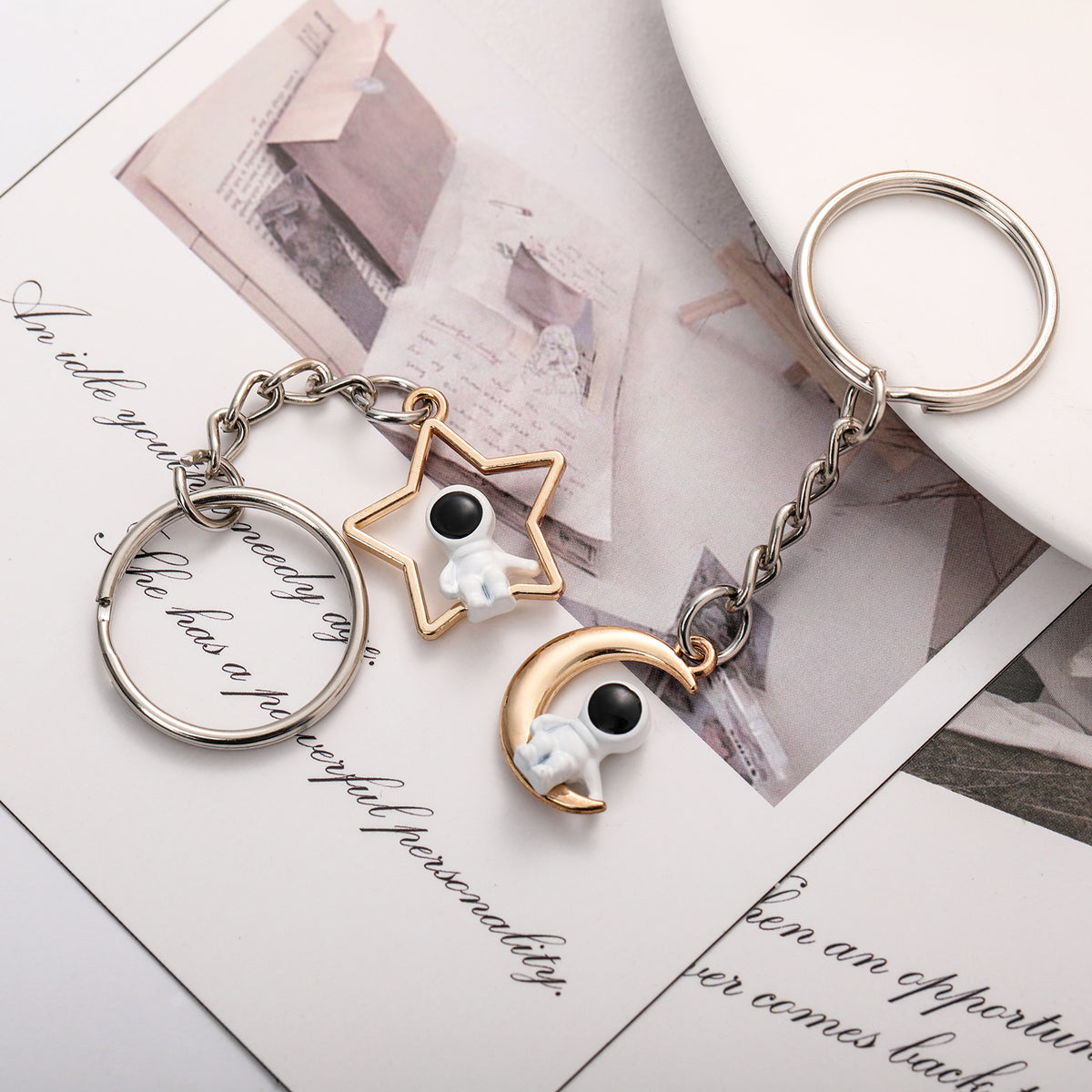Astronaut Keychain Alloy Gold Tone Moon and Star Design 2