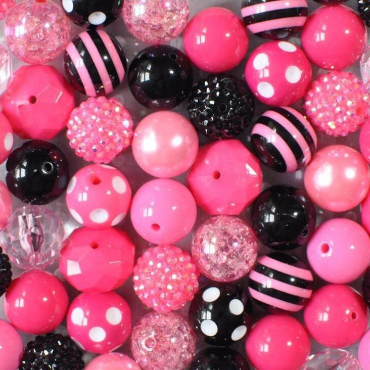 Bubblegum Beads 20mm Black Rose Pink Rhinestone Striped Polka Chunky Mix 50pcs 2