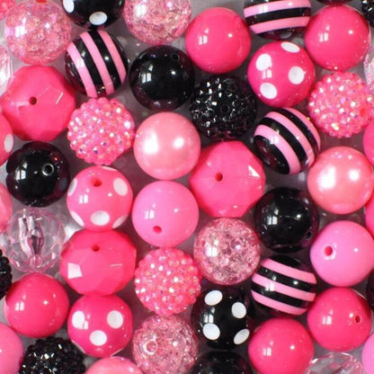 Bubblegum Beads 20mm Black Rose Pink Rhinestone Striped Polka Chunky Mix 50pcs 2