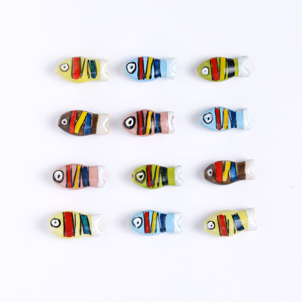 Hand Painted Fish Ceramic Beads 22mm Striped Colorful 5pcs