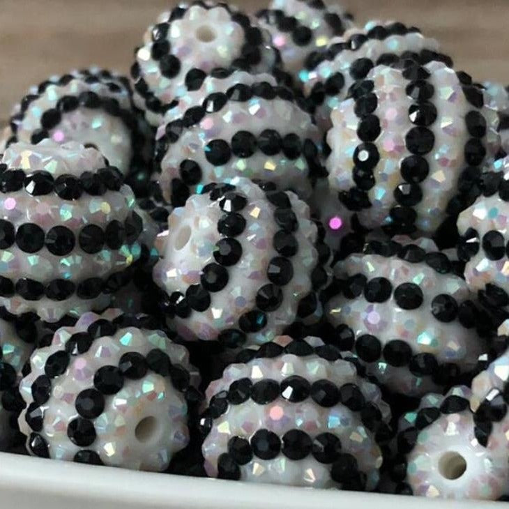 Striped Rhinestone Bubblegum Beads 16-22mm Black and White Resin 5pcs