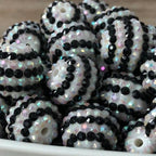 Striped Rhinestone Bubblegum Beads 16-22mm Black and White Resin 5pcs