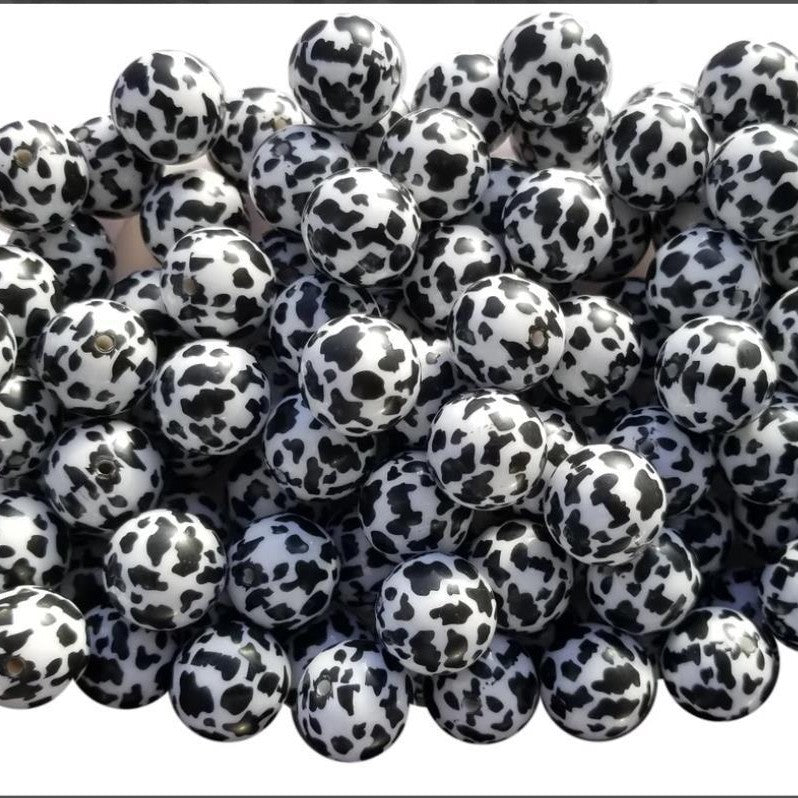 Printed Bubblegum Beads 20mm Black and White Cow Pattern 10pcs 2
