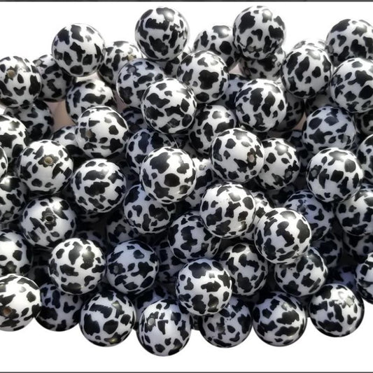 Printed Bubblegum Beads 20mm Black and White Cow Pattern 10pcs 2