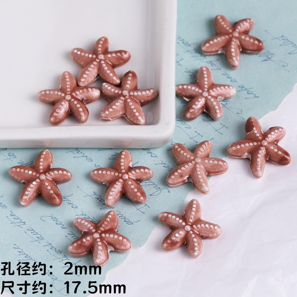 Coffee Color Ocean Creatures Ceramic Beads Hand Painted 5pcs 13