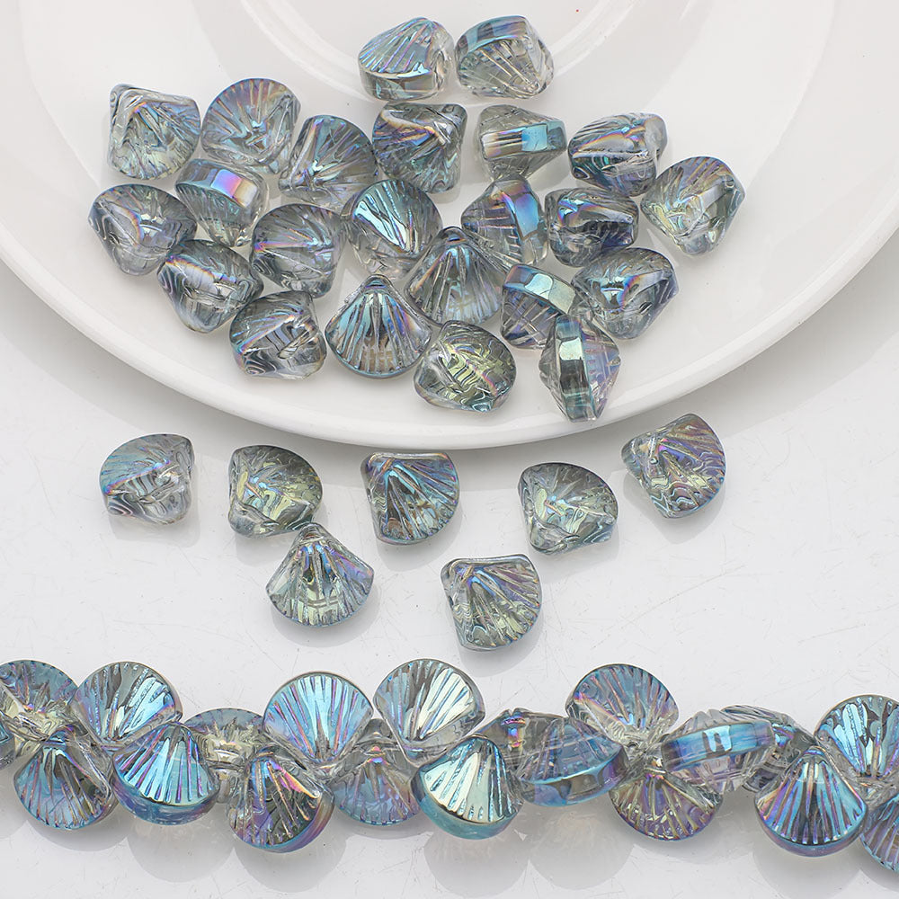 Electroplated Shell Glass Beads 10mm Glossy Ridged Surface 60pcs 9