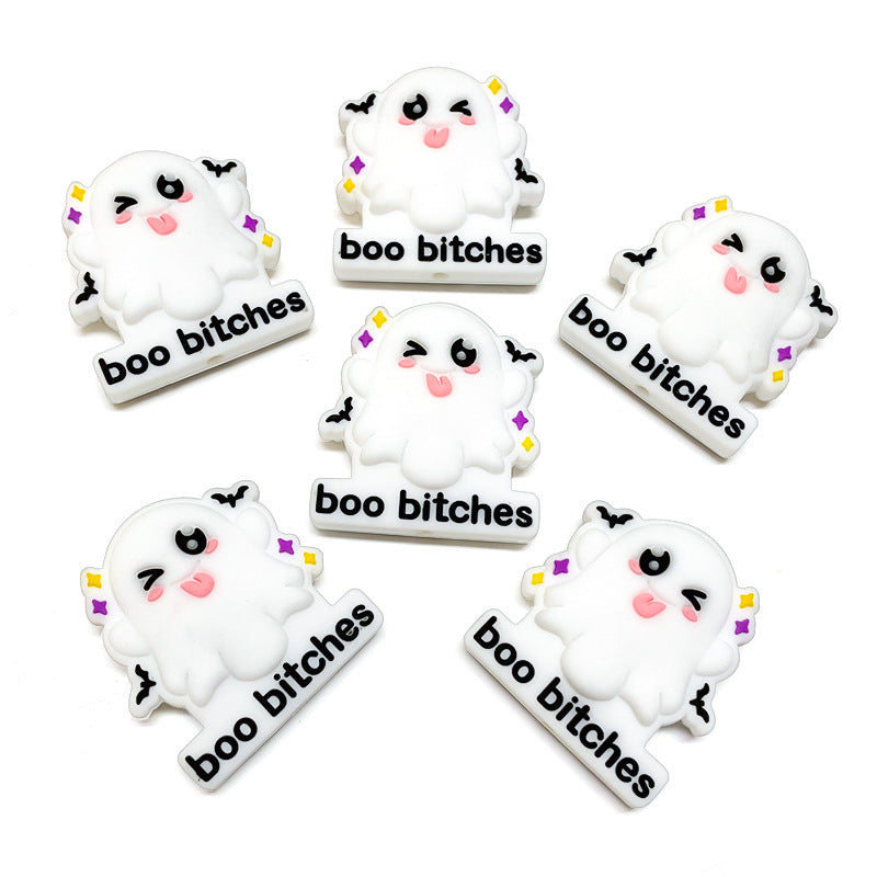 Silicone Focal Beads Halloween Winking Ghost With Printed Text 20pcs 2