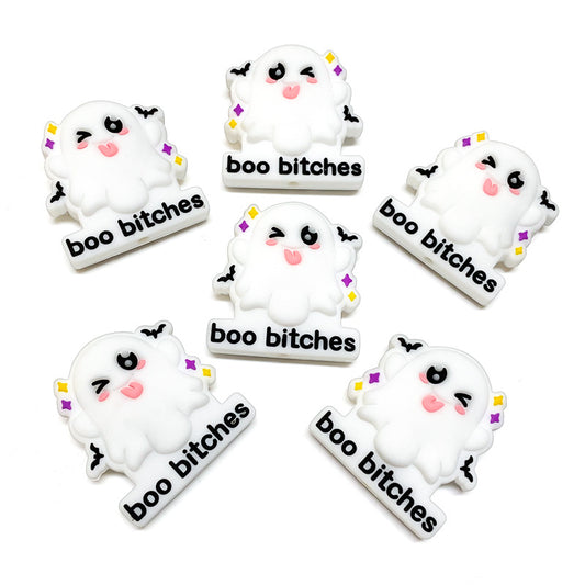 Silicone Focal Beads Halloween Winking Ghost With Printed Text 20pcs 2