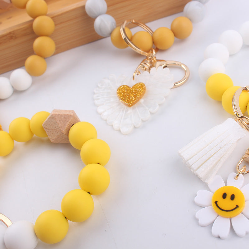 Sunflower Heart Wristlet Keychain Silicone Beaded Charm 4