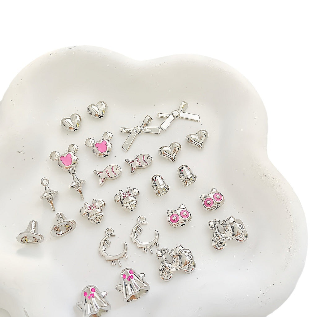 Cartoon Metal Beads Silver Pink Tone Playful Enamel 10pcs 2