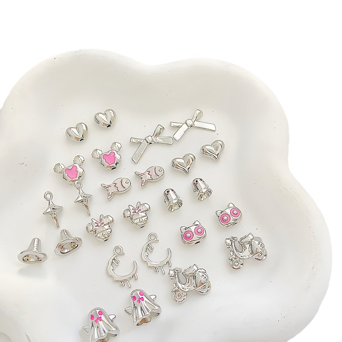 Cartoon Metal Beads Silver Pink Tone Playful Enamel 10pcs 2