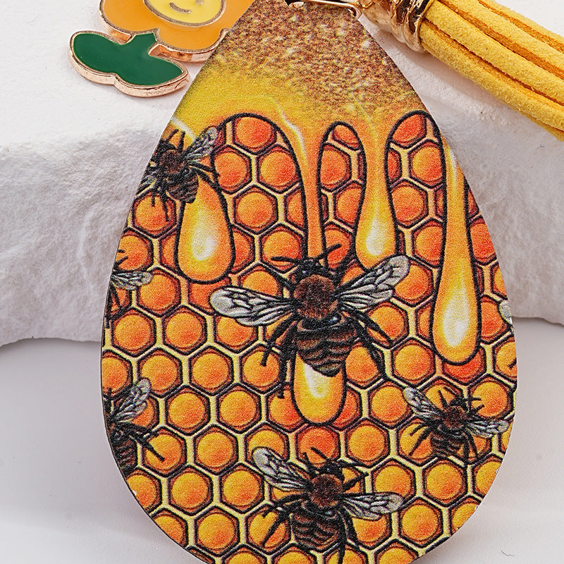 Honeycomb Keychain Metal Golden Bees Tassel Nature Design 4