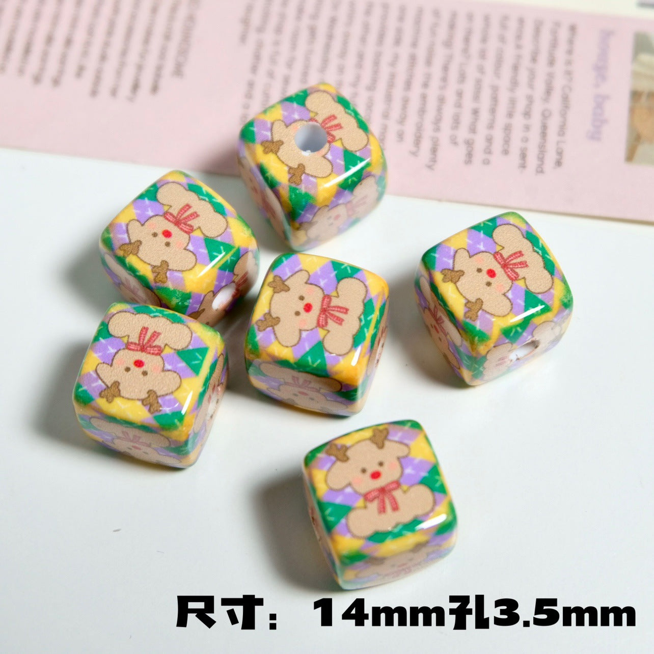 Christmas Square Acrylic Beads 14mm Colorful Printed 10pcs 15