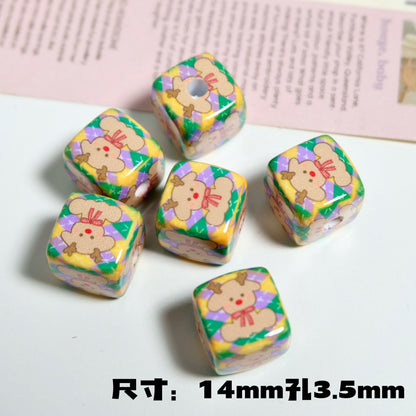 Christmas Square Acrylic Beads 14mm Colorful Printed 10pcs 15