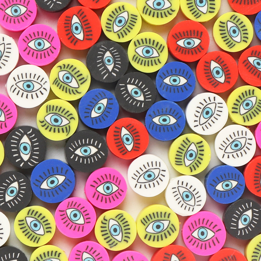 Flat Clay Beads 9mm Vintage Evil Eye Pattern Polymer 100pcs