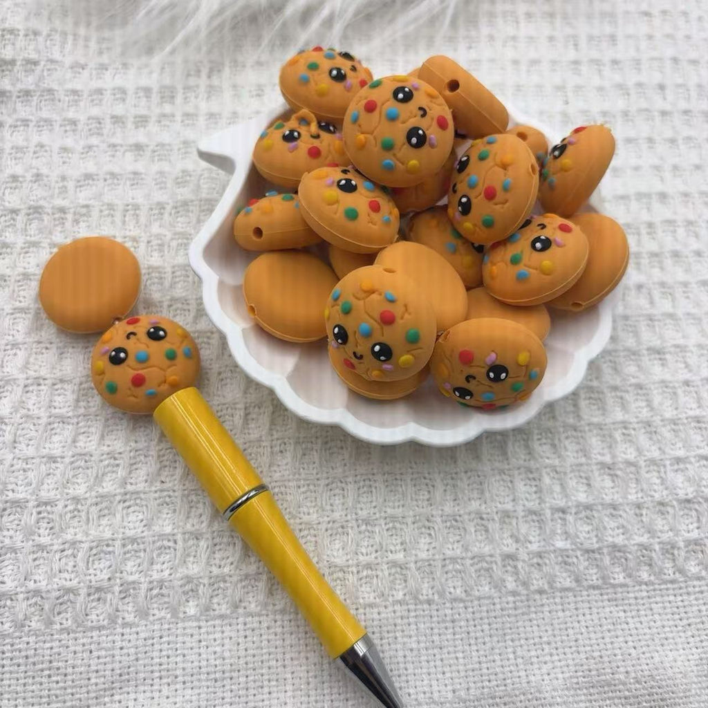 Silicone 3D Focal Beads Cookies Cheerful Faces Colorful Sprinkles 20pcs 3