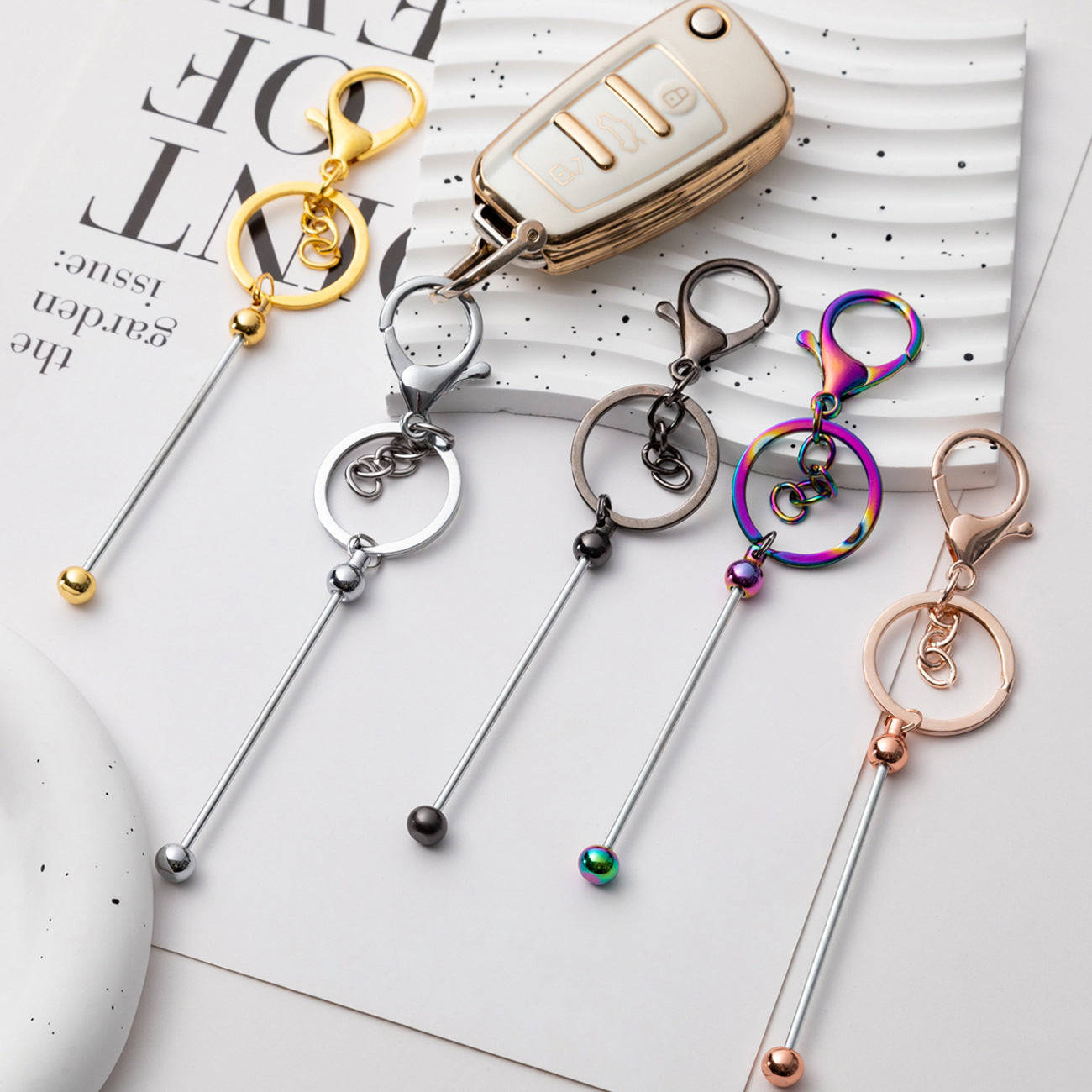 Beadable Keychain Metal Slender Shaft Polished Ball Lobster Clasp