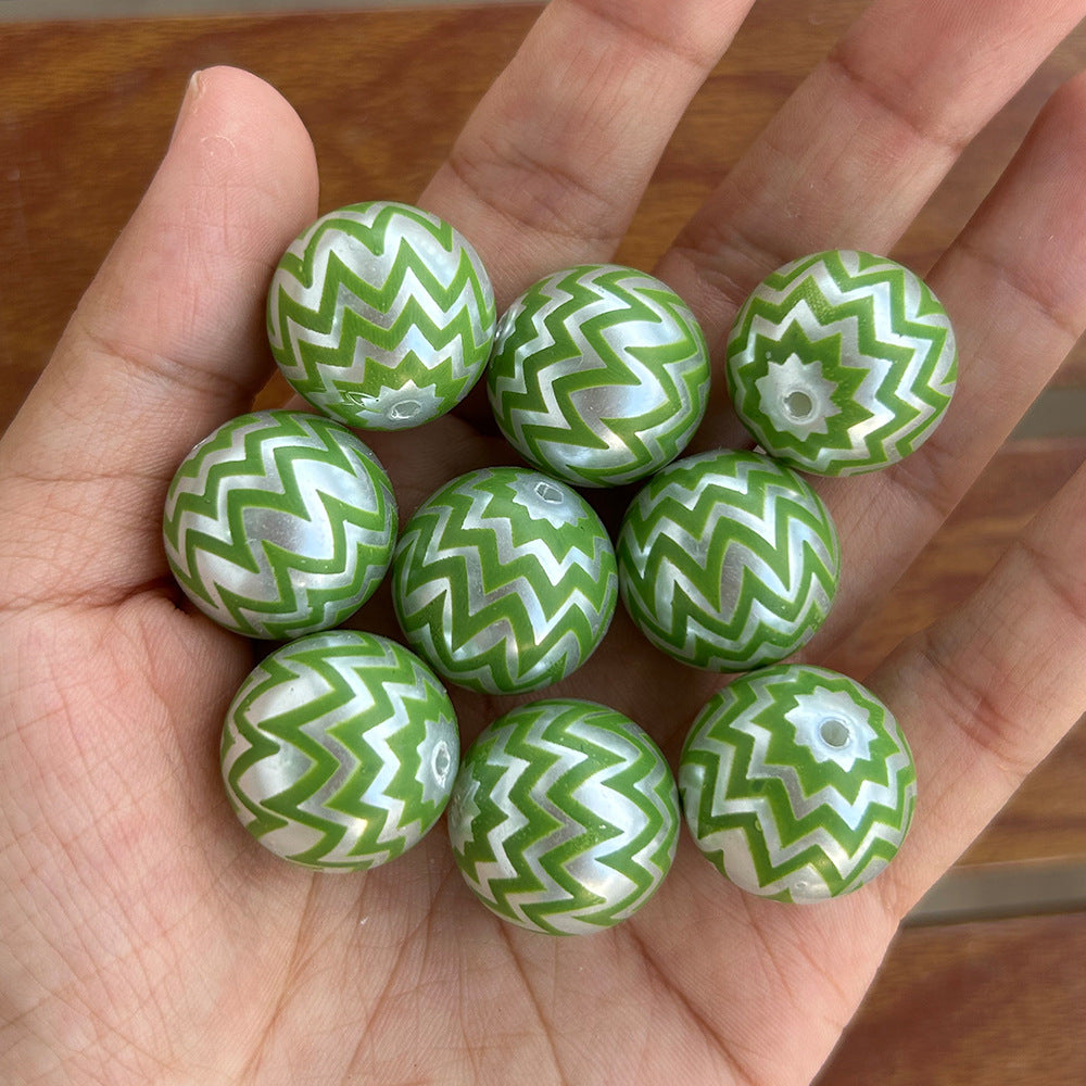 Striped Bubblegum Beads 20mm Green Wavy Zigzag Pattern 10pcs