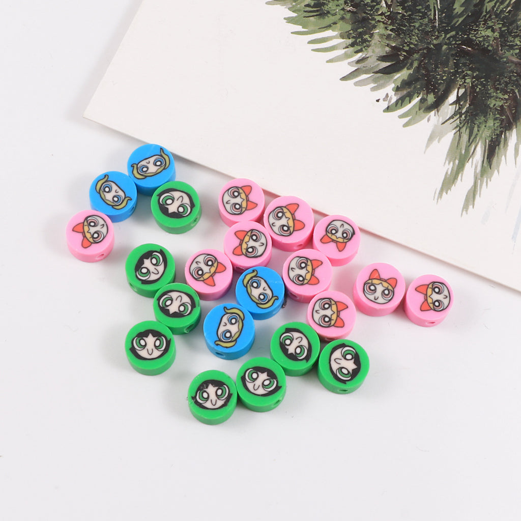 Flat Clay Beads 9mm Power Puff Girl Polymer Colorful 100pcs 3