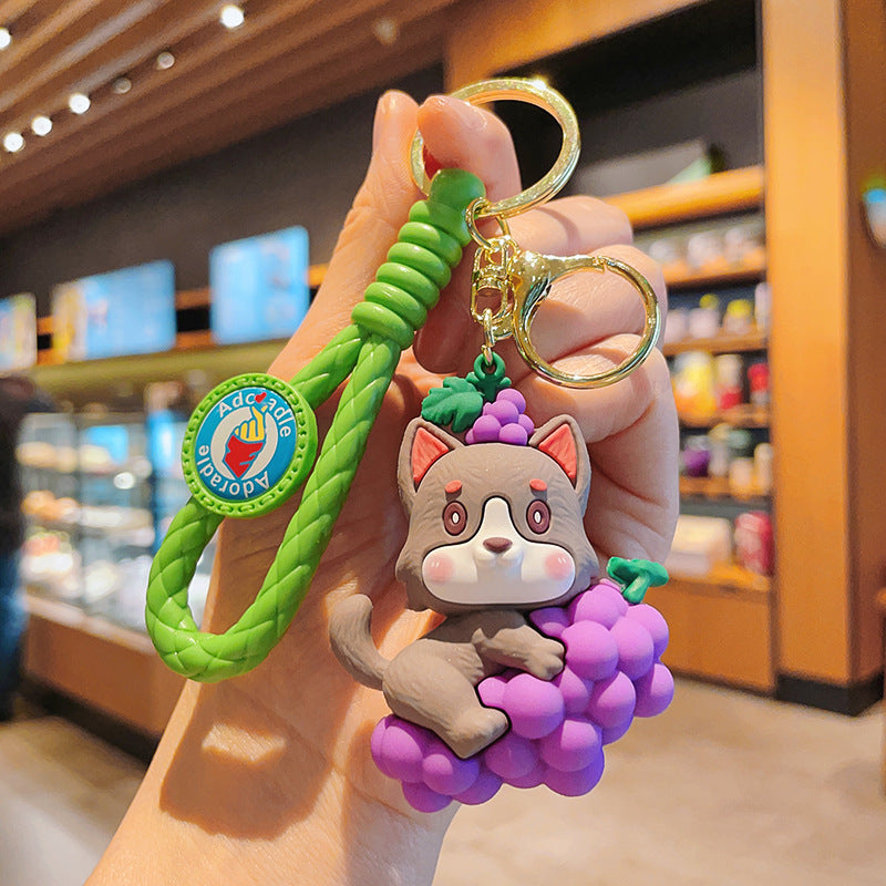 PVC Dog Keychain Cartoon Cute Dog Holding Grapes with Strap 8