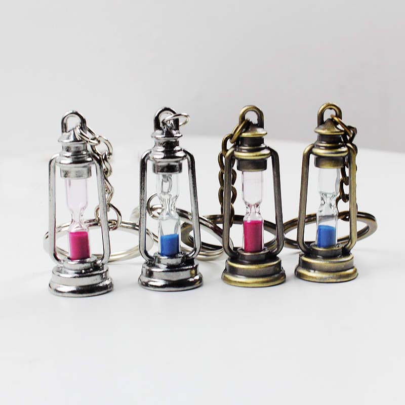Vintage Metal Kerosene Lamp Hourglass Keychain with Colorful Sand