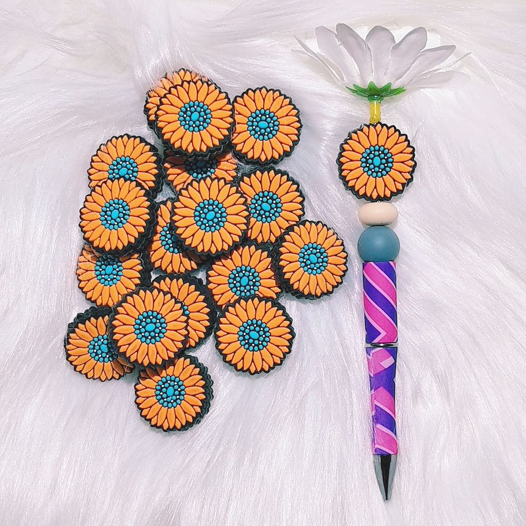 Silicone Focal Beads Sunflowers Orange Petals Turquoise Center 20pcs 2