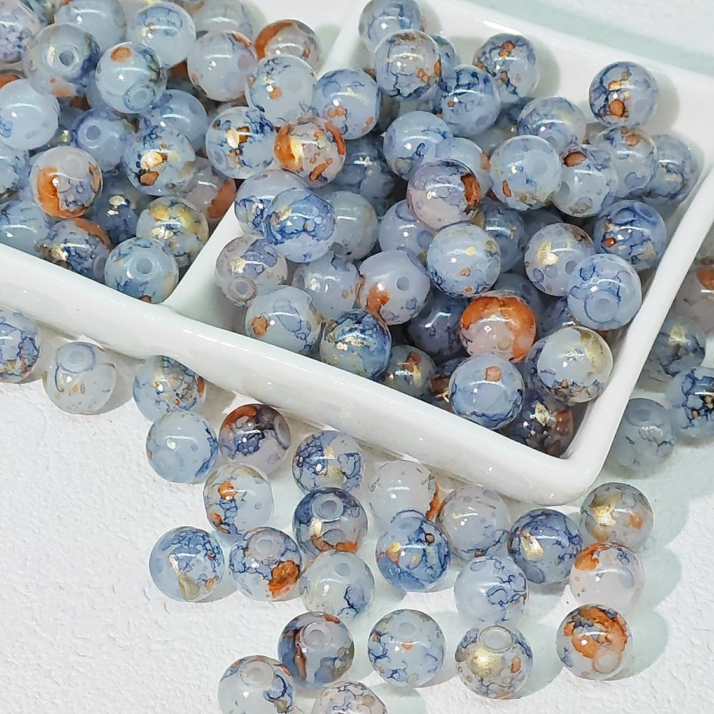 Frosted Round Glass Beads 8mm Marbled Soft Matte Gold Veining 50pcs 10